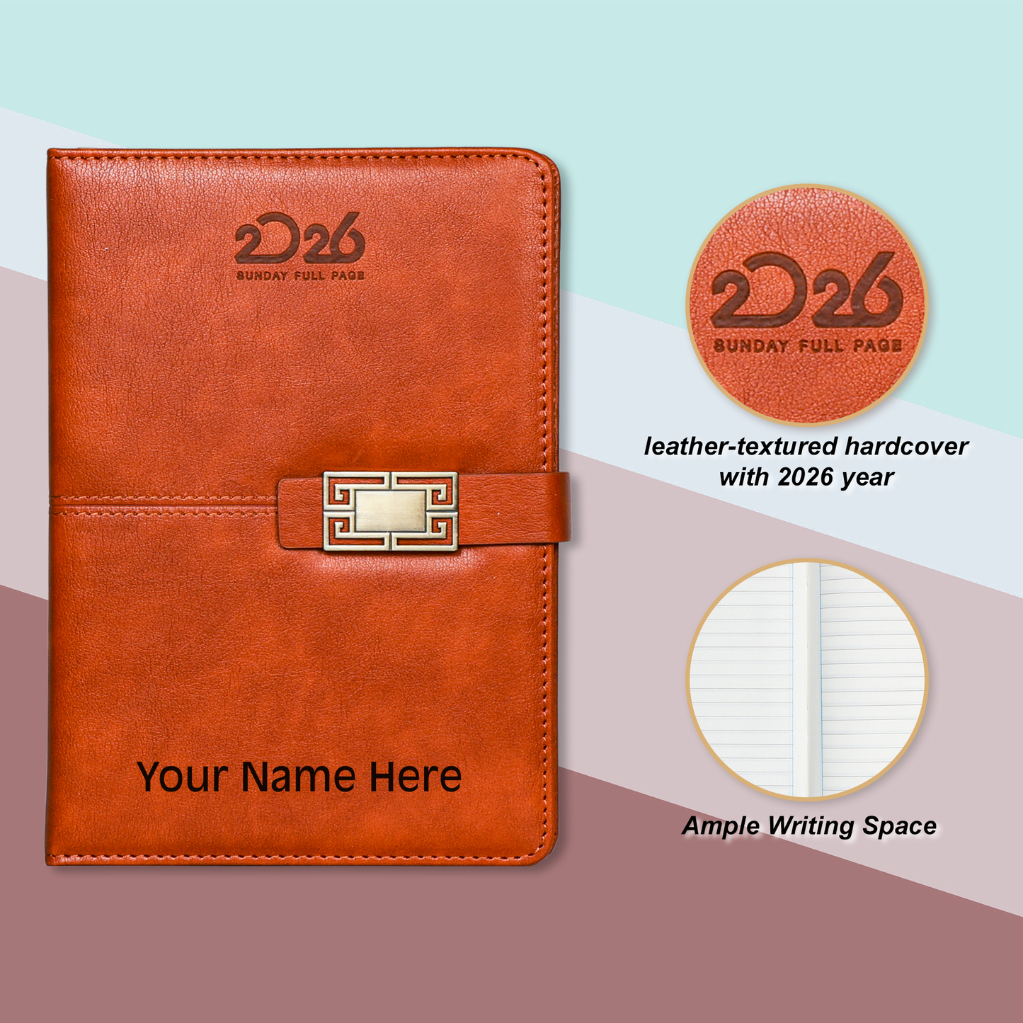 2026 Personalized Brown Leather Diary with Designer Magnetic Lock | Custom Name Engraved Executive Planner | Premium Corporate Gift Diary