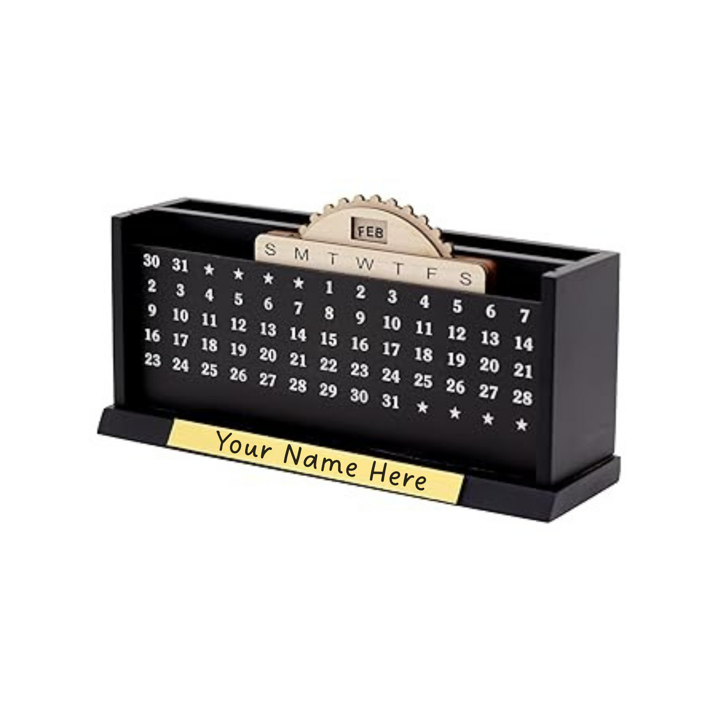 Personalized Desk Calendar with Name Plate, Lifetime Calendar Organiser, Black and Beige