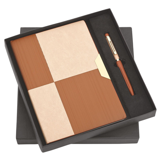 Personalised Executive Diary Set with Pen, Checkered Design, Gift Box (Brown and White)