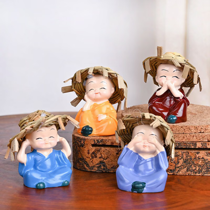 Set of 4 Cute Mini Monk Figurines with Straw Hats Smiling Buddha Monk Showpiece for Home, Car Dashboard & Office Décor