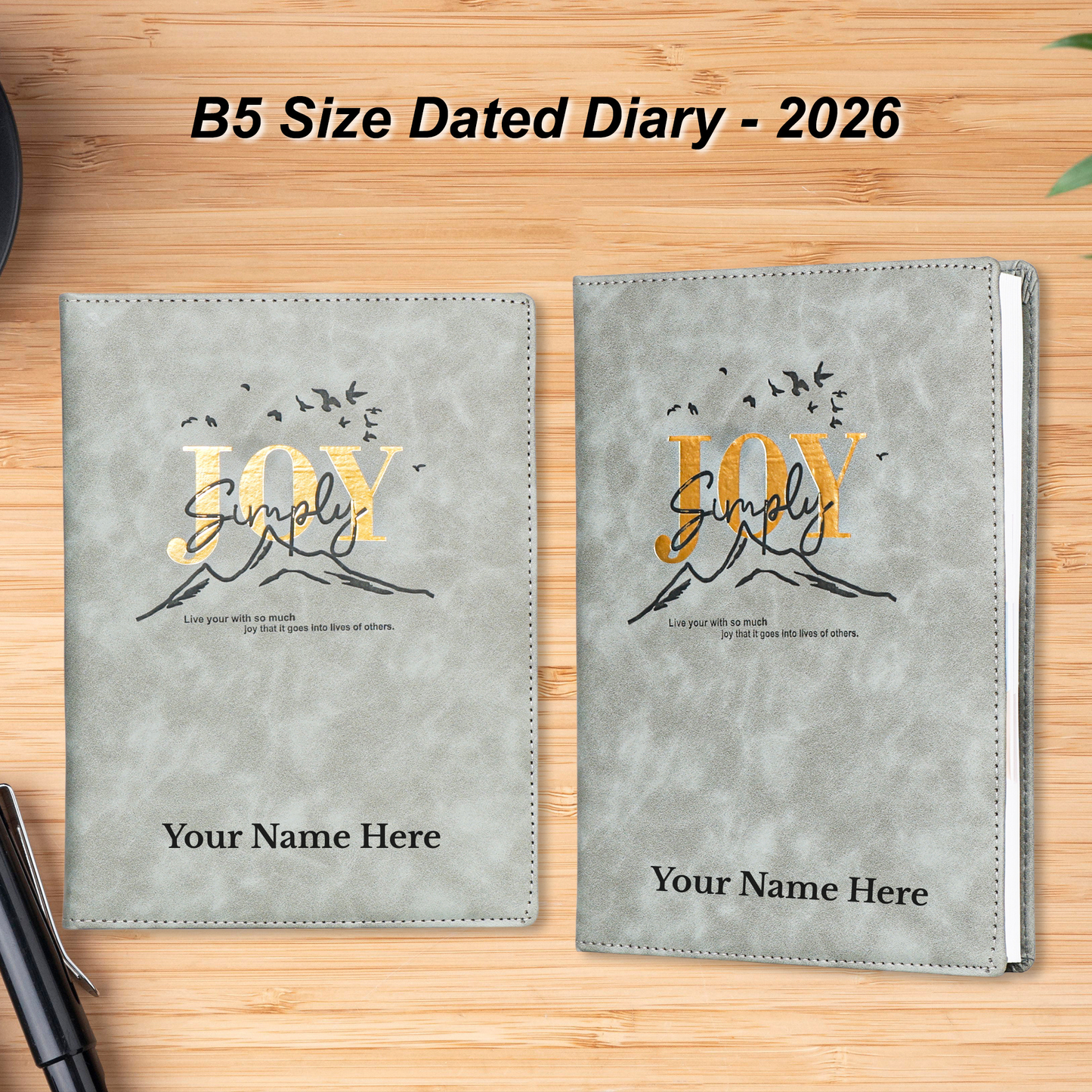 Grey Joy Inspirational Diary with Personalized Name | Premium Leather Finish | Motivational Journal | Customizable Corporate Gift Notebook