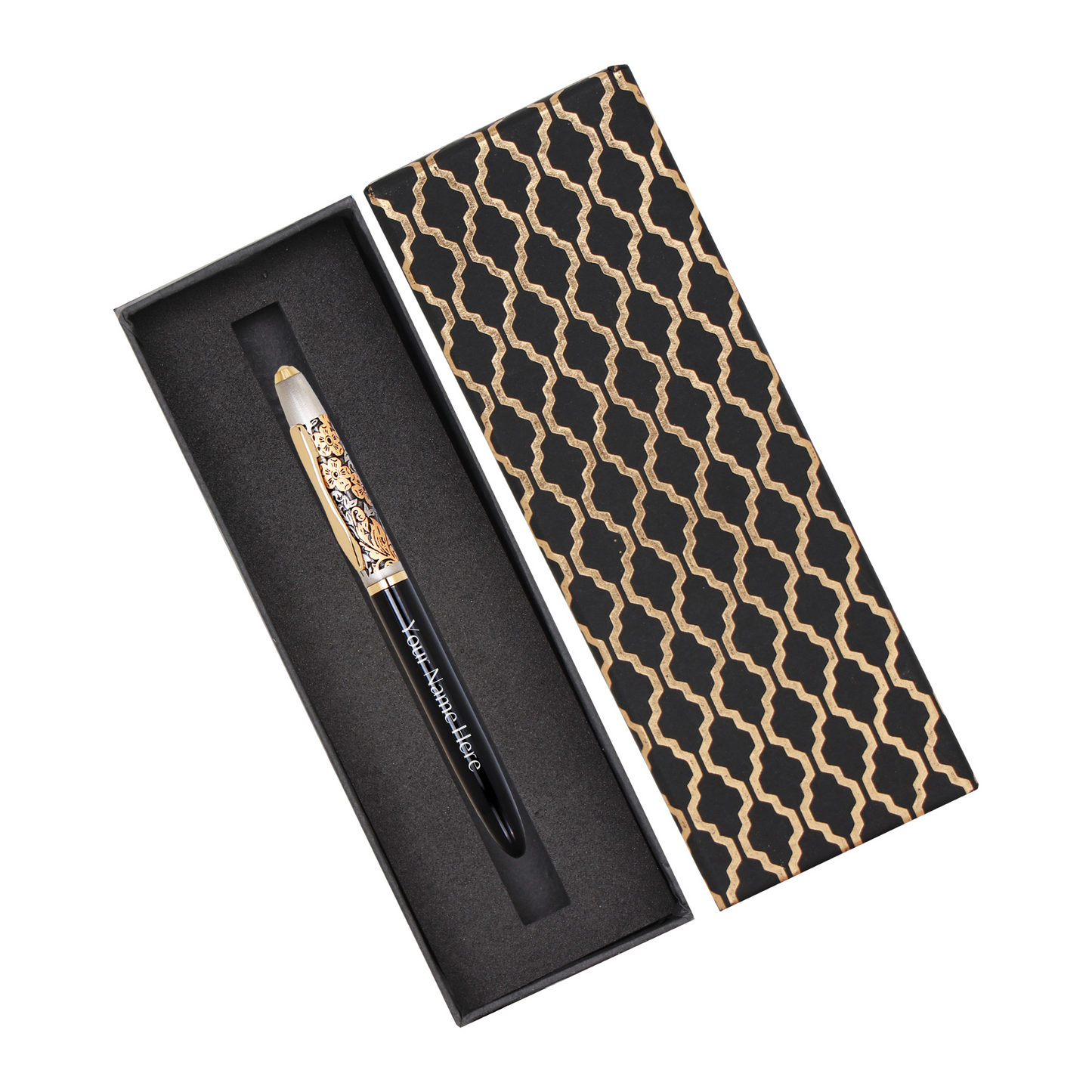 CrownLit Metallic Floral Design Magnetic Cap Roller Gel Pen, Customizable, Black and Gold