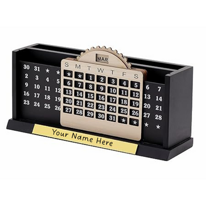 Personalized Desk Calendar with Name Plate, Lifetime Calendar Organiser, Black and Beige