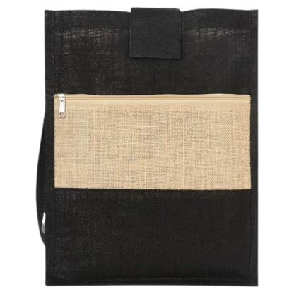 Jute Shoulder Bag with Front Pocket, Pack of 2, Black and Beige, Long Handle, Spacious Design