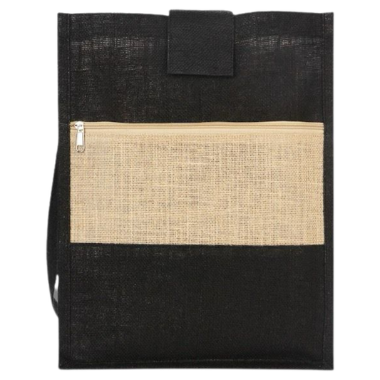 Jute Shoulder Bag with Front Pocket, Pack of 2, Black and Beige, Long Handle, Spacious Design