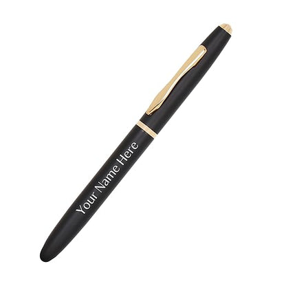 CrownLit Customizable Metal Pen, Black with Golden Accents, Magnetic Cap, Roller Gel Ink