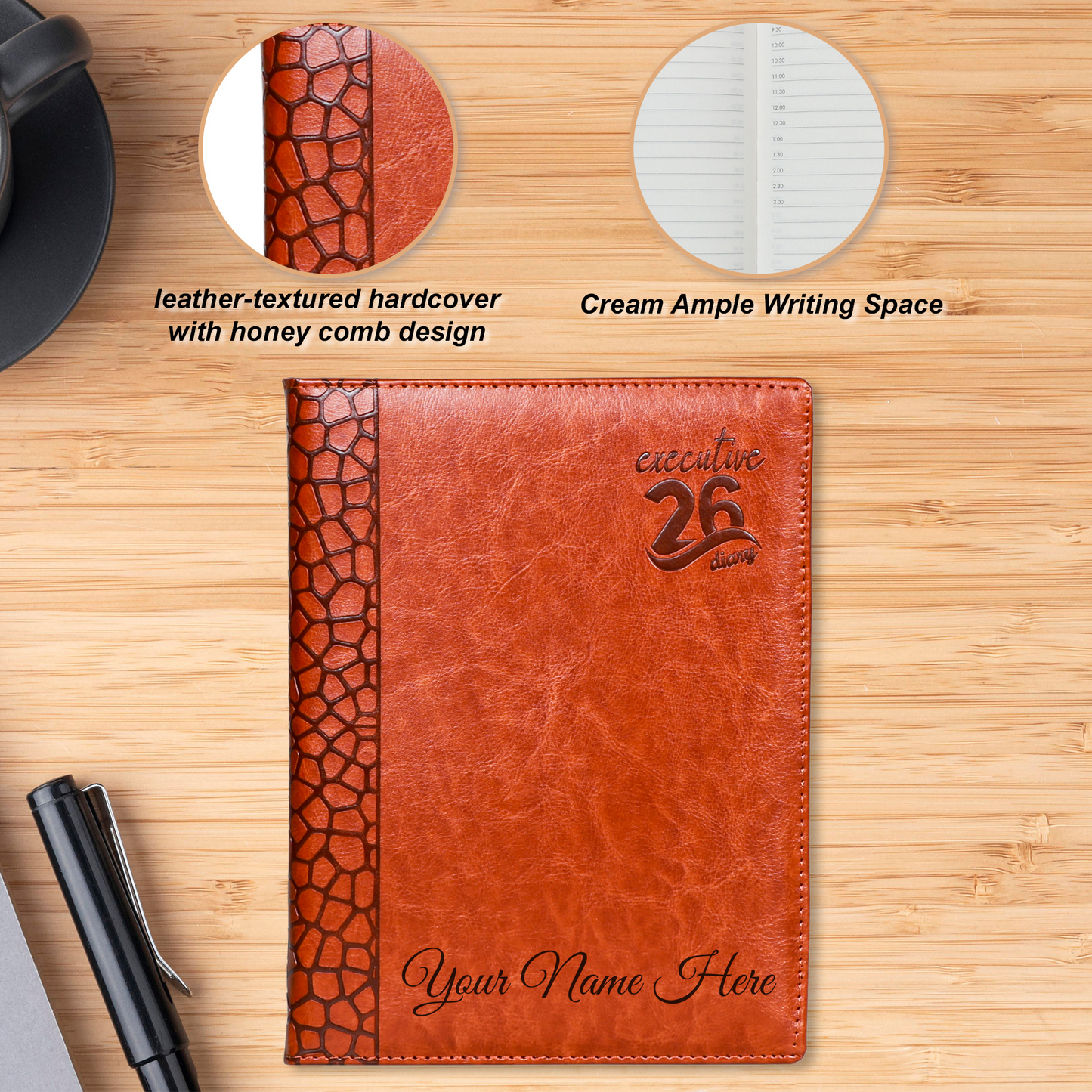 CrownLit 2026 Executive Diary, Leather-Textured Hardcover with Honeycomb Design, Multi-Functional Layout, B5.