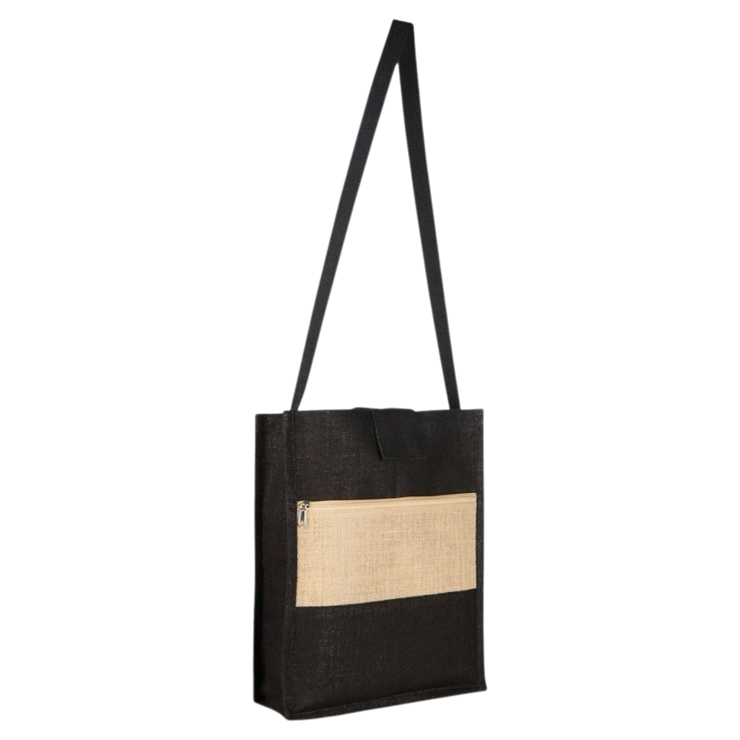 Jute Shoulder Bag with Front Pocket, Pack of 2, Black and Beige, Long Handle, Spacious Design
