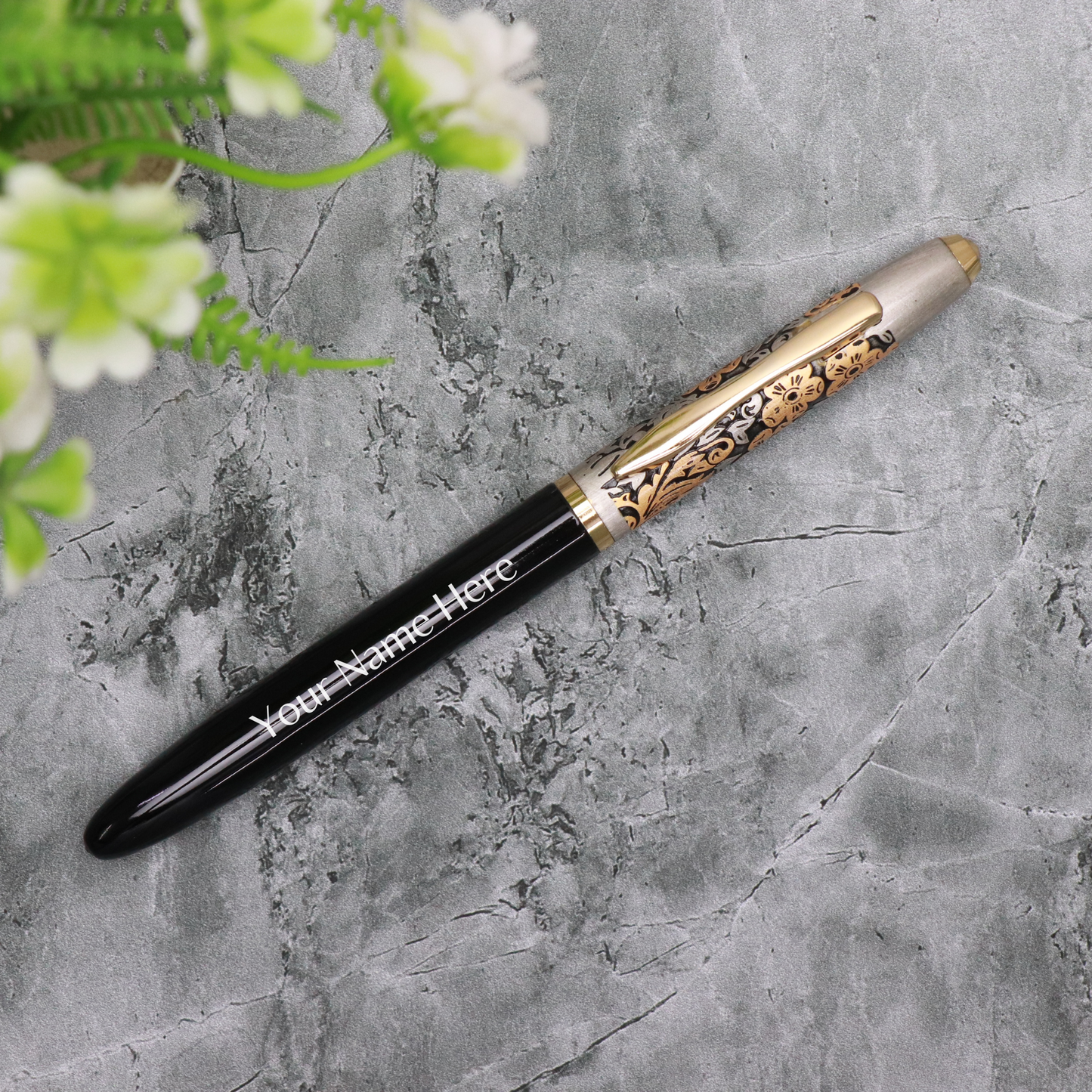 CrownLit Metallic Floral Design Magnetic Cap Roller Gel Pen, Customizable, Black and Gold