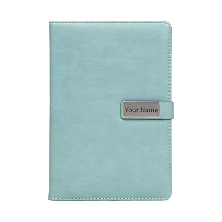 Personalized Magnetic Diary with Name Plate, Cyan PU Leather Cover, Hardbound, A5 size