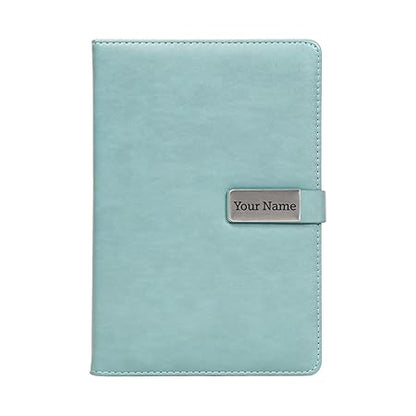 Personalized Magnetic Diary with Name Plate, Cyan PU Leather Cover, Hardbound, A5 size