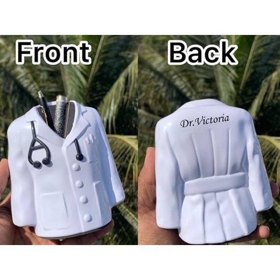 Doctor's Lab Coat Pen Stand, Personalized White ABS Plastic, 13 x 12 cm