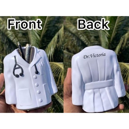Doctor's Lab Coat Pen Stand, Personalized White ABS Plastic, 13 x 12 cm