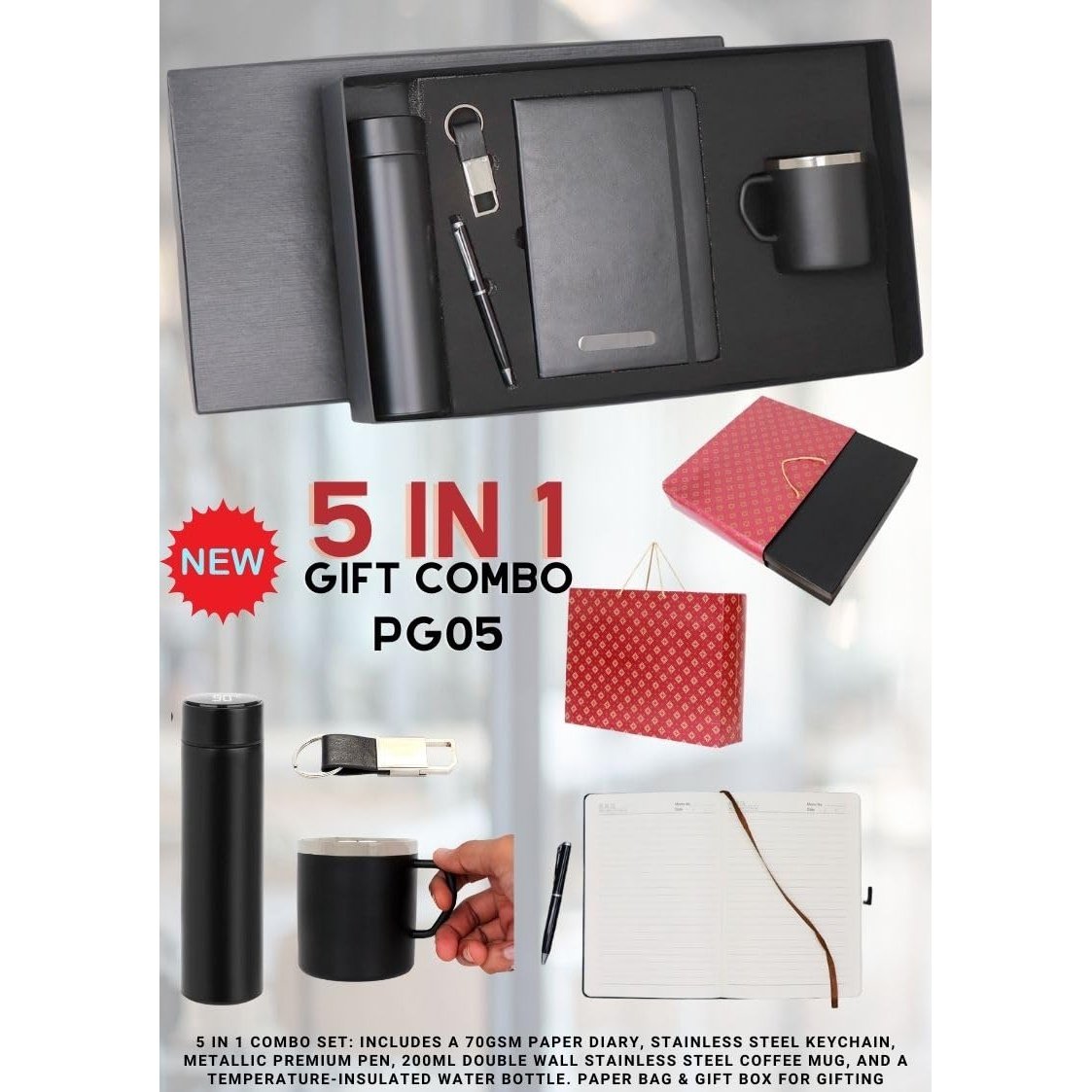 5 in 1 Diary, Metal Pen, Steel Keychain, Stainless Steel Waterbottle & Stainless Steel Coffee Mug