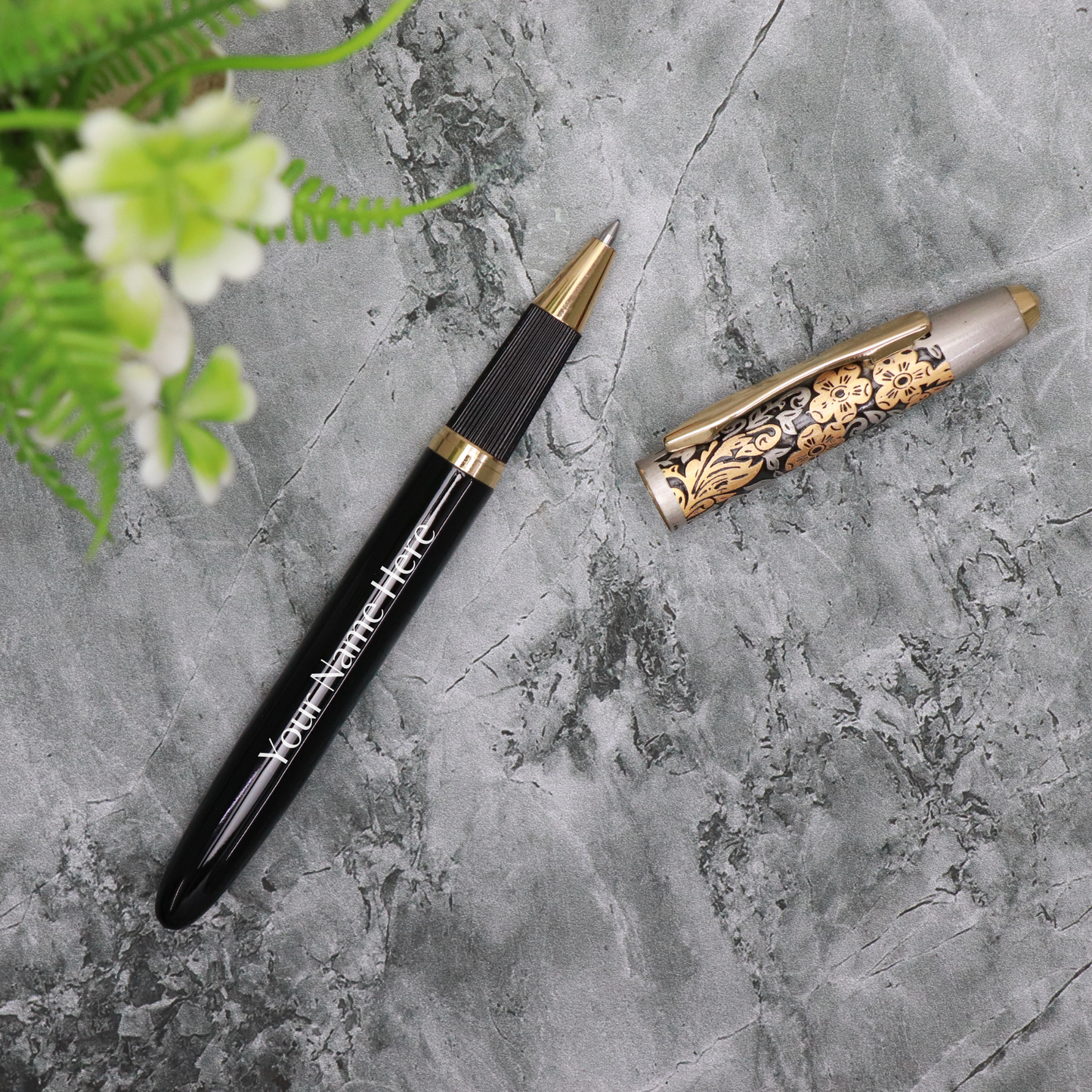 CrownLit Metallic Floral Design Magnetic Cap Roller Gel Pen, Customizable, Black and Gold