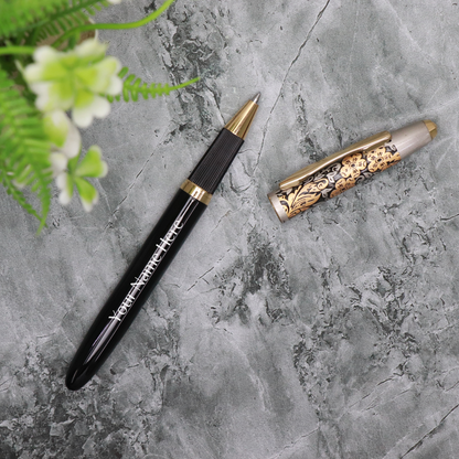 CrownLit Metallic Floral Design Magnetic Cap Roller Gel Pen, Customizable, Black and Gold