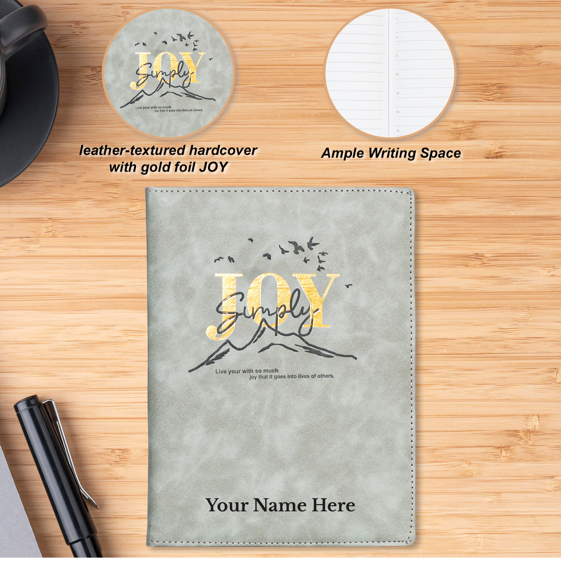 Grey Joy Inspirational Diary with Personalized Name | Premium Leather Finish | Motivational Journal | Customizable Corporate Gift Notebook