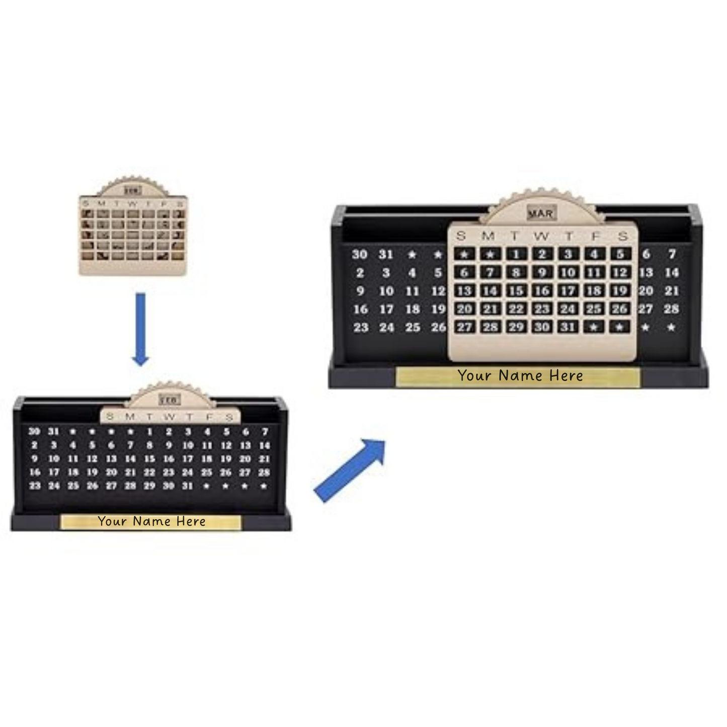 Personalized Desk Calendar with Name Plate, Lifetime Calendar Organiser, Black and Beige