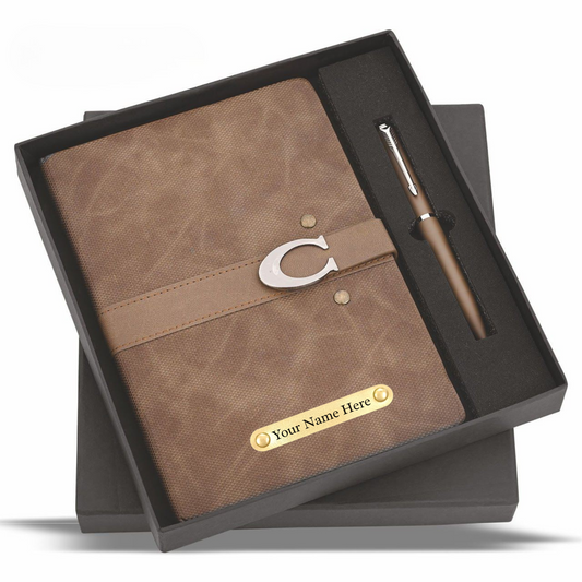 Personalized Magnetic Leather Notebook Gift Set with Pen, Brown, Customizable Name Plate