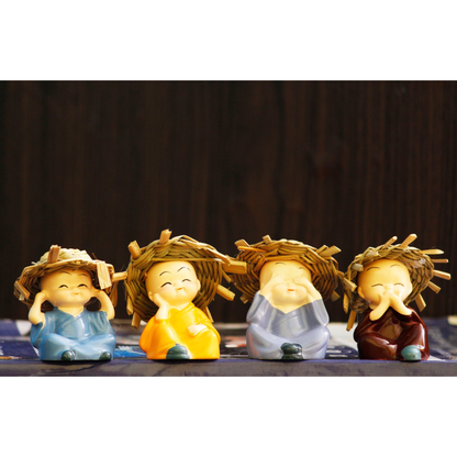 Set of 4 Cute Mini Monk Figurines with Straw Hats Smiling Buddha Monk Showpiece for Home, Car Dashboard & Office Décor