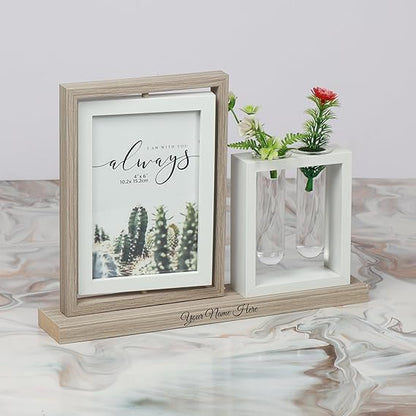 Personalized Photo Frame with Vase Stand, 14x18 cm, Wooden Base, Double Display, Name Engraving