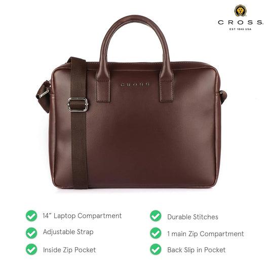 Cross Brown Leather Laptop Bag | 14" Laptop Compartment | Premium Office & Travel Briefcase for Men