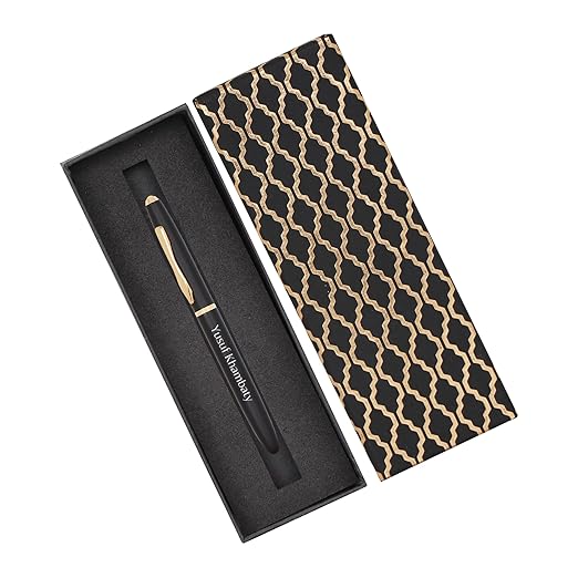 CrownLit Customizable Metal Pen, Black with Golden Accents, Magnetic Cap, Roller Gel Ink