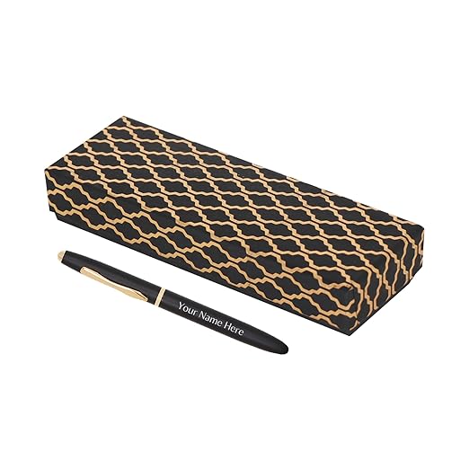 CrownLit Customizable Metal Pen, Black with Golden Accents, Magnetic Cap, Roller Gel Ink