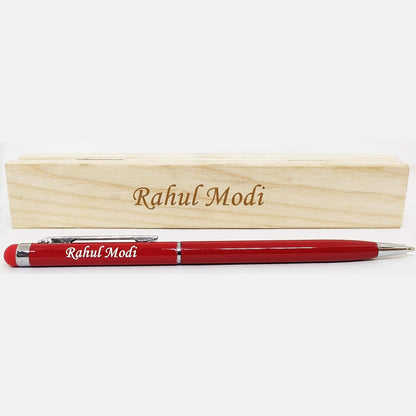 Personalised Red Metal Pen with Stylus & Wooden Box