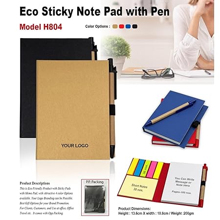 Customizable Sticky Note Pad with Pen, Model H804, 13.6 cm x 10.8 cm, 4 Colors Available