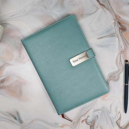 Personalized Magnetic Diary with Name Plate, Cyan PU Leather Cover, Hardbound, A5 size