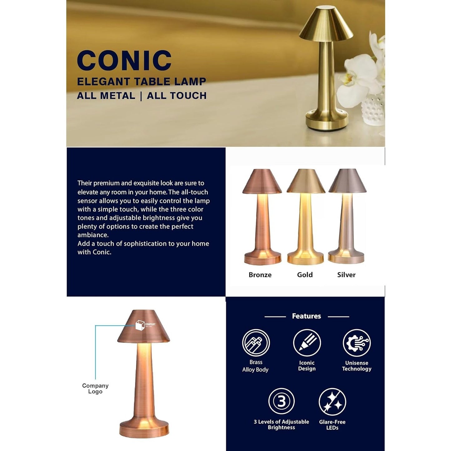 Personalized Touch Desk Lamp, Metal, Gold Finish, Customizable Name