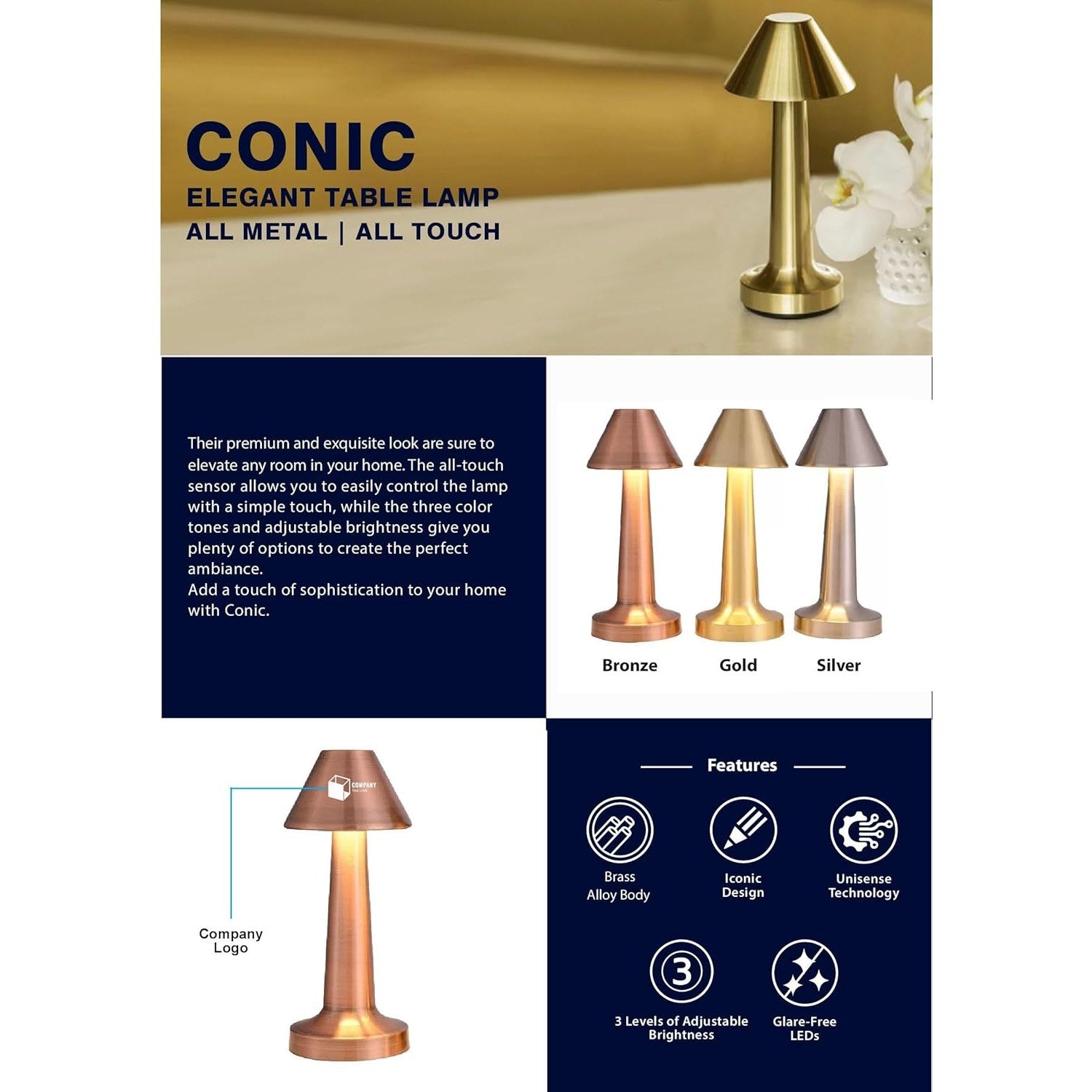 Personalized Touch Desk Lamp, Metal, Gold Finish, Customizable Name