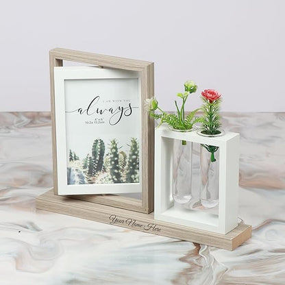 Personalized Photo Frame with Vase Stand, 14x18 cm, Wooden Base, Double Display, Name Engraving