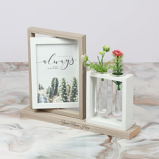 Personalized Photo Frame with Vase Stand, 14x18 cm, Wooden Base, Double Display, Name Engraving