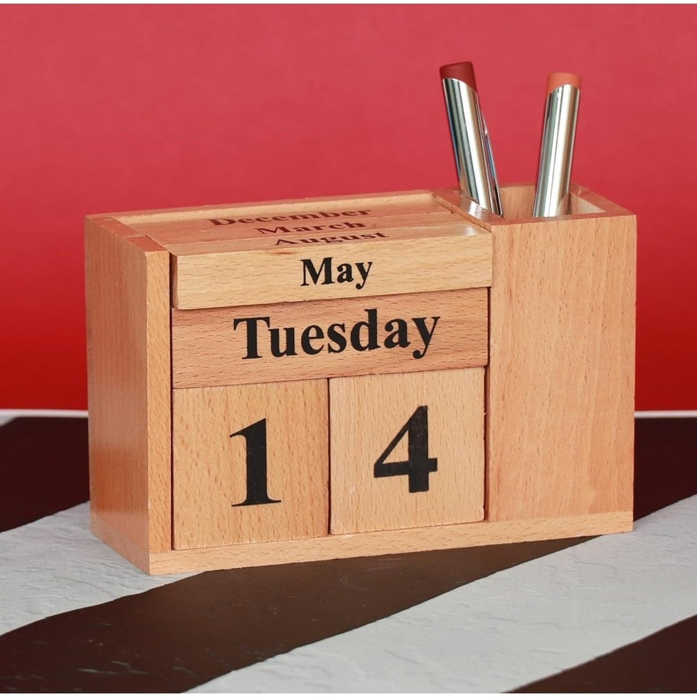 Large Wooden Desk Calendar with Pen Holder, Imported Pest-Proof Material, Lifetime Use
