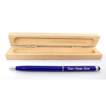 Blue Metal Pen with Stylus & Wooden Box