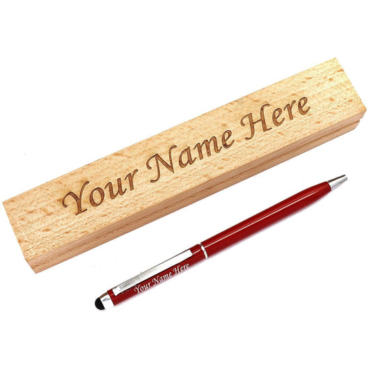 Personalised Red Metal Pen with Stylus & Wooden Box