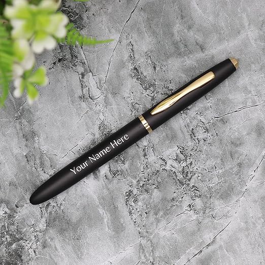 CrownLit Customizable Metal Pen, Black with Golden Accents, Magnetic Cap, Roller Gel Ink