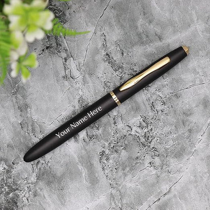 CrownLit Customizable Metal Pen, Black with Golden Accents, Magnetic Cap, Roller Gel Ink