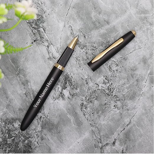 CrownLit Customizable Metal Pen, Black with Golden Accents, Magnetic Cap, Roller Gel Ink