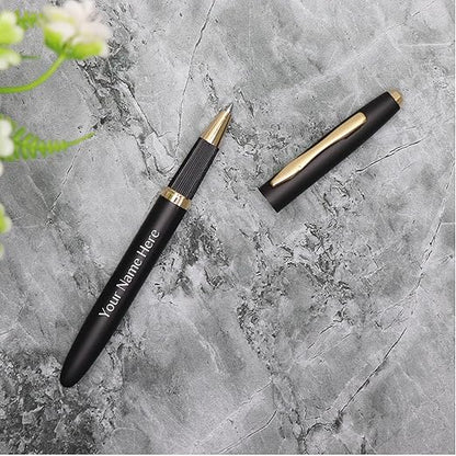 CrownLit Customizable Metal Pen, Black with Golden Accents, Magnetic Cap, Roller Gel Ink
