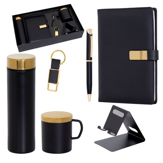 Personalized 6-in-1 Combo Gift Set with 500ml Steel Bottle, Coffee Mug, Mobile Stand, Ball Pen, Keychain, A5 Diary, Black/Gold