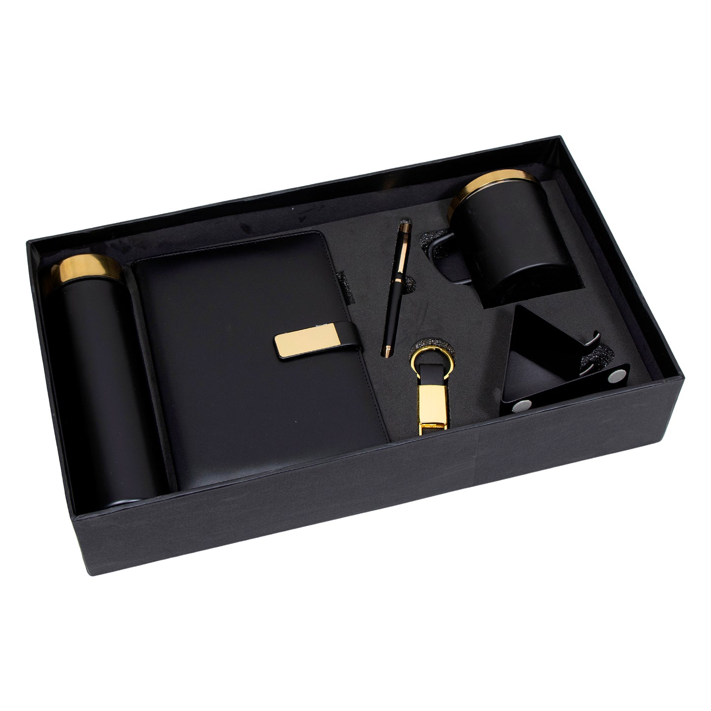 Personalized 6-in-1 Combo Gift Set with 500ml Steel Bottle, Coffee Mug, Mobile Stand, Ball Pen, Keychain, A5 Diary, Black/Gold