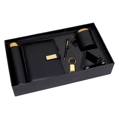 Personalized 6-in-1 Combo Gift Set with 500ml Steel Bottle, Coffee Mug, Mobile Stand, Ball Pen, Keychain, A5 Diary, Black/Gold