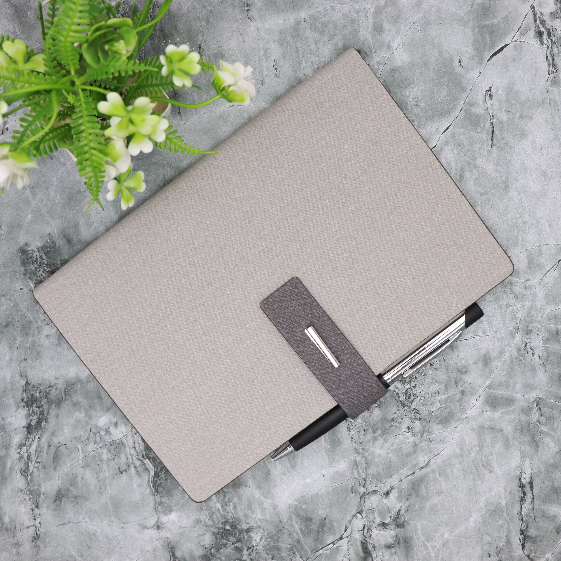 CrownLit A5 Grey Hardbound Diary with Lock, Pen Holder, Month Planner, Metal Bookmark, 21 x 15 cm