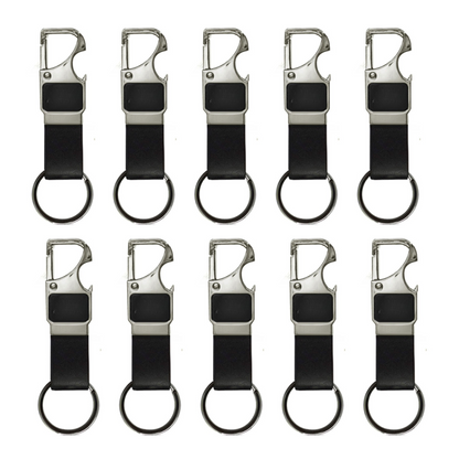 Personalised Metal Keychain with Bottle Opener, Pack of 10, Black Leather Loop, 10 cm x 3.3 cmz