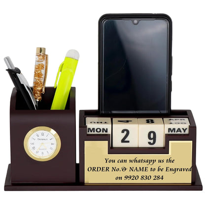 Wooden Desk Organizer Pen Stand with Calendar, Color : Gold & Silver