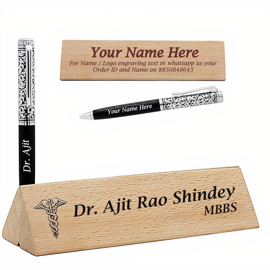 Personalised Metal Pen and Wooden Desk Name Plate