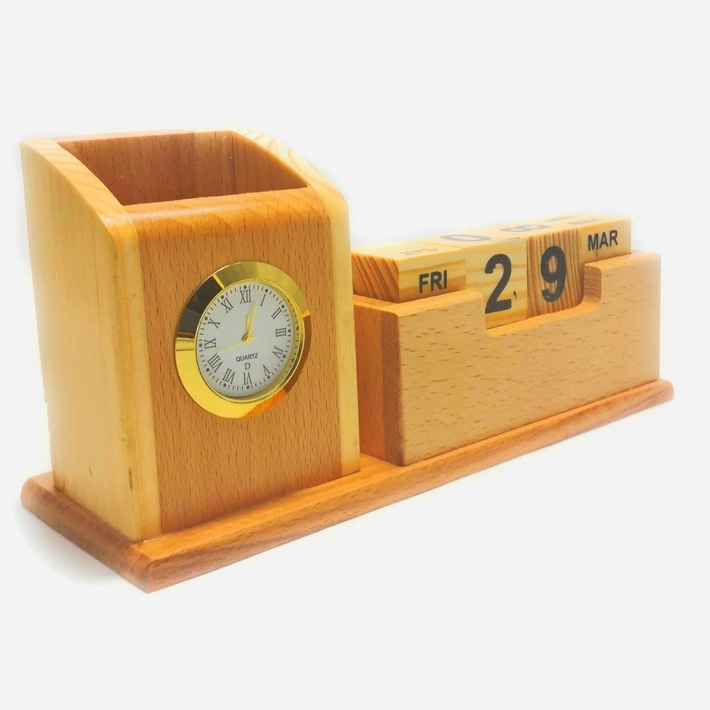 Wood Table Clock with Pen Holder & Mobile Stand